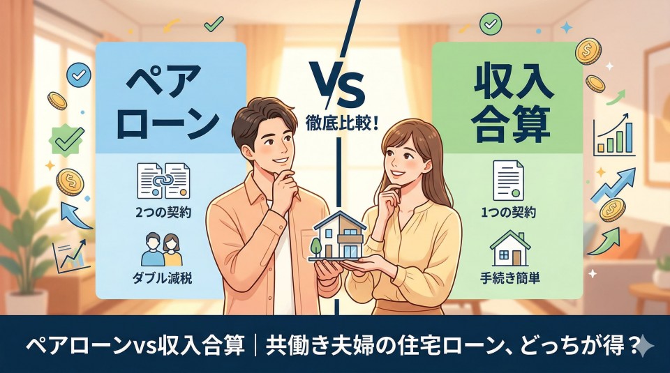 ペアローンと収入合算の特徴を比較する図解と、家の模型を持つ笑顔の共働き夫婦が描かれたアイキャッチ画像。「ペアローンvs収入合算｜共働き夫婦の住宅ローン、どっちが得？」のタイトル入り。