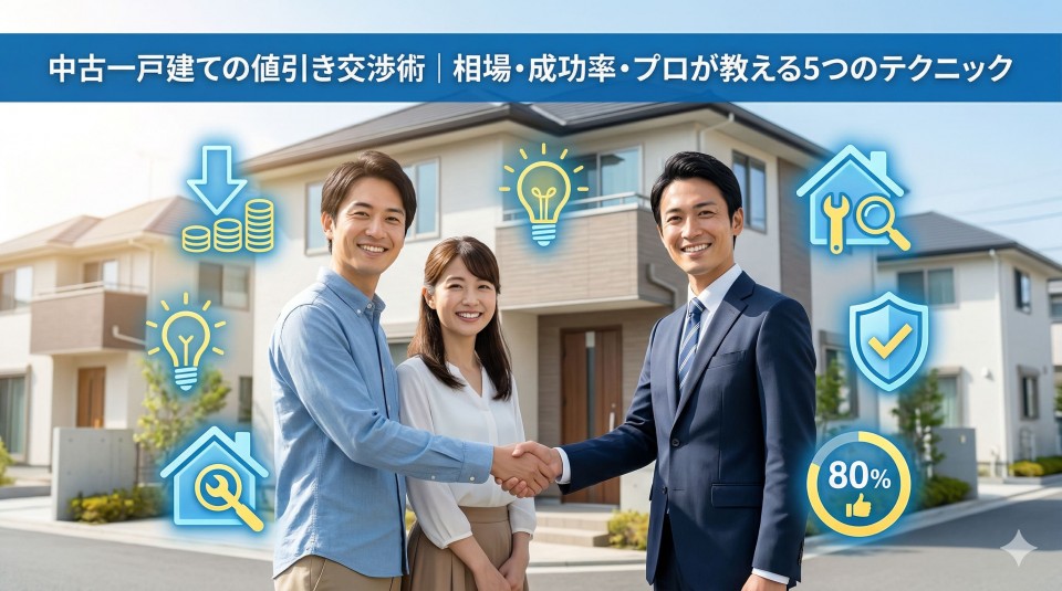 ブログ記事「中古一戸建ての値引き交渉術｜相場・成功率・プロが教える5つのテクニック」のアイキャッチ画像。青空と現代的な一戸建て住宅を背景に、笑顔の若い夫婦と不動産エージェントが並び、その周囲に、値引き交渉に関するキーワード（値引き、プロのテクニック、ホームインスペクション、成功率80%など）を視覚化した、青く発光するグラフィックアイコンが配置されている。