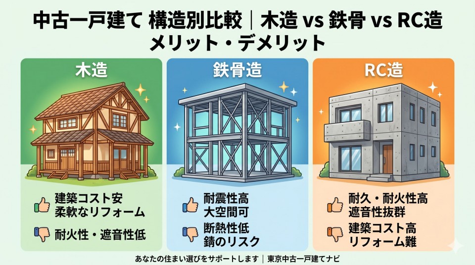 中古一戸建ての構造別比較｜木造vs鉄骨vsRC造のメリット・デメリットのイメージ画像
