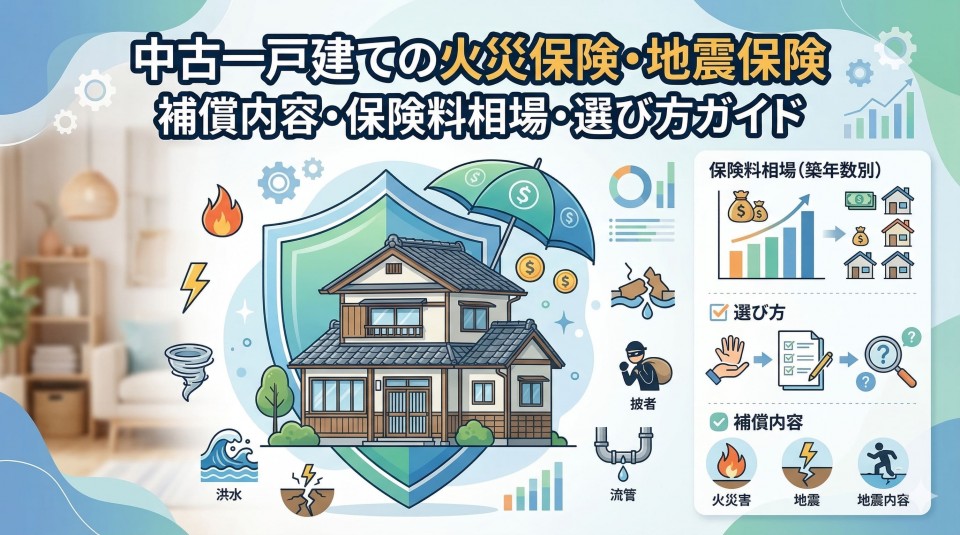 「中古一戸建ての火災保険・地震保険」と「補償内容・保険料相場・選び方ガイド」という日本語タイトル。中央には盾とドル記号の傘で守られた一戸建て住宅のイラストがあり、左側に自然災害（火災、地震、風水害、盗難、配管事故）のアイコン、右側に築年数別の保険料相場の棒グラフ、選び方のフロー、補償内容のアイコンが配置された、インフォグラフィック形式のガイド。