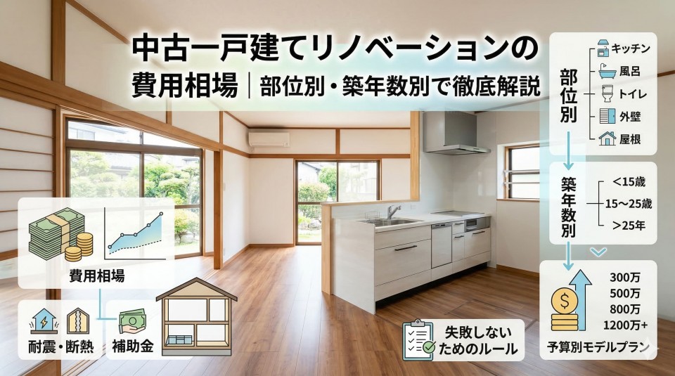 「中古一戸建てリノベーションの費用相場｜部位別・築年数別で徹底解説」というタイトルと、費用やポイントを示す図解が配置された、明るくリノベーションされたリビングキッチンの画像