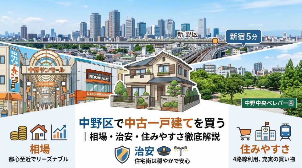中野区で中古一戸建てを買うことに関するコラム記事のアイキャッチ画像。中央には、新宿の高層ビル群、主要路線(中央線、東西線、西武新宿線、大江戸線)、環七が示された中野区周辺の地図が描かれ、その前に一戸建て住宅が配置されています。地図の周囲には、記事の主要なポイントを表す3つのアイコンとテキストがあります。左上には『相場』と、コイン、家、グラフのアイコン。下には『治安』と、警察官の帽子と街灯のアイコン。右上には『住みやすさ』と、買い物カート、学校、病院、電車のアイコン。背景には、中野サンモール商店街のアーケード、中野セントラルパークの緑、妙正寺川・神田川などが晴れた青空の下に描かれ、利便性と豊かな住環境を表現しています。下部には、記事タイトル『中野区で中古一戸建てを買う|相場・治安・住みやすさ徹底解説』が配置されています。