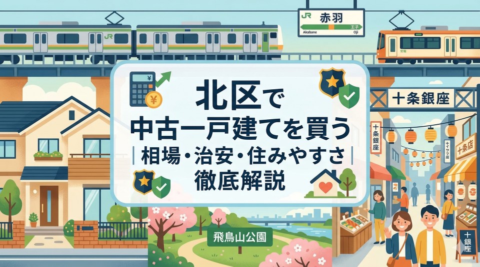 『北区で中古一戸建てを買う｜相場・治安・住みやすさ彻底解説』という大きな日本語のタイトルが中央にある、清潔感のあるイラストのアイキャッチ画像。タイトルの周囲には、北区の魅力を象徴するJR電車（赤羽駅・王子駅）、都電荒川線、中古一戸建て住宅、活気のある十条銀座商店街、緑豊かな飛鳥山公園、荒川などの風景が描かれており、北区での住まい探しに役立つ情報を網羅していることを伝えている。