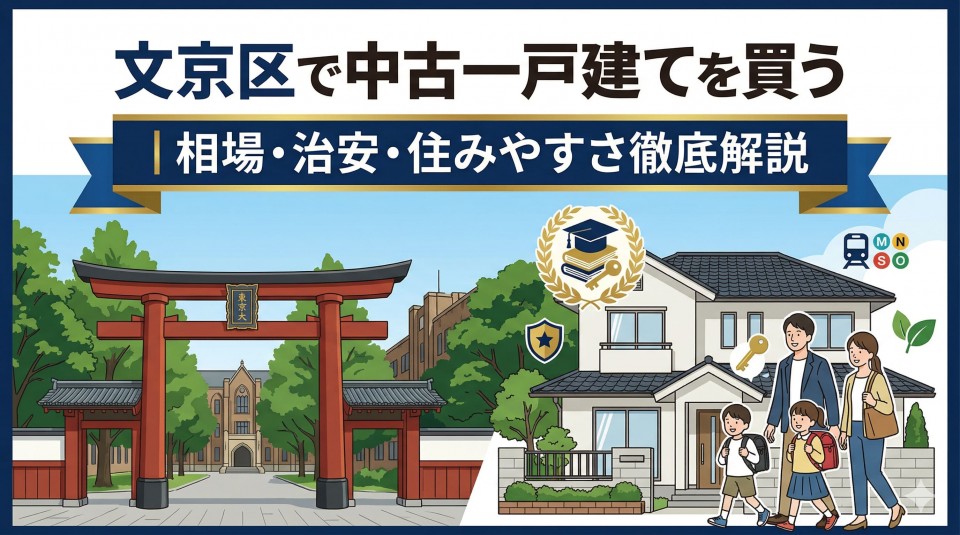 「文京区で中古一戸建てを買う」というタイトルが入ったブログ記事のアイキャッチ画像。東京大学の赤門、一戸建てと家族、治安や教育を象徴するアイコンが描かれたイラスト。