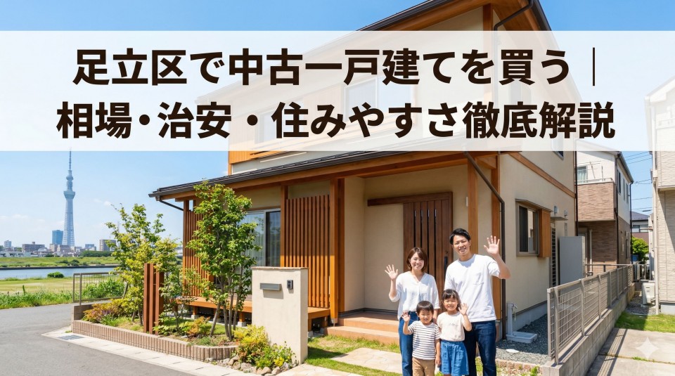 「足立区で中古一戸建てを買う|相場・治安・住みやすさ徹底解説」のタイトル文字と、スカイツリーを背景に一戸建ての前に立つ笑顔の家族