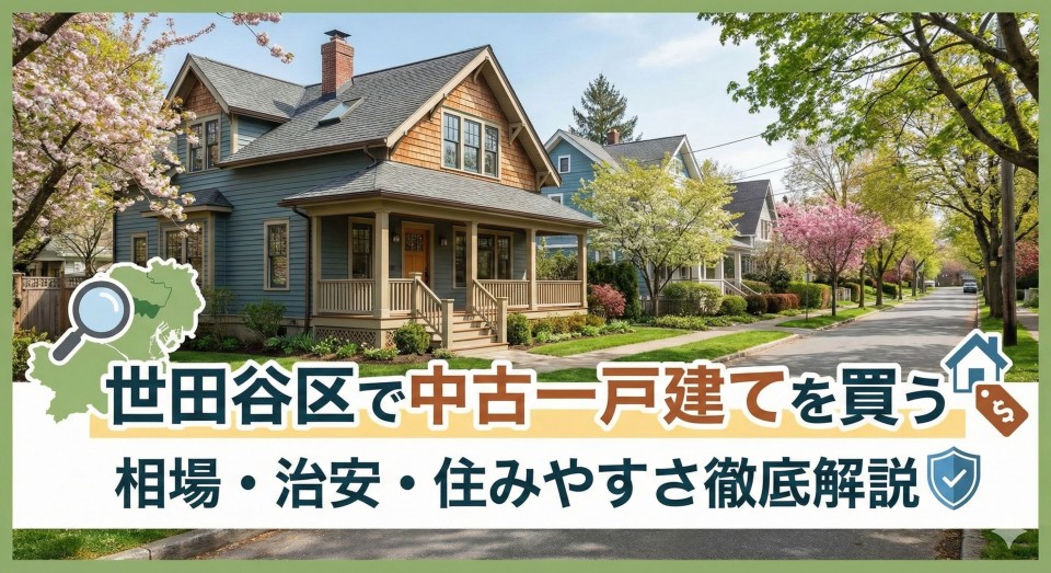 緑豊かな世田谷区の住宅街にある中古一戸建てのイメージ画像。画像内には「世田谷区で中古一戸建てを買う」という大きなタイトルと、「相場・治安・住みやすさ徹底解説」というサブタイトルが配置されている。左側には地図と虫眼鏡のアイコン、右側には家と値札、盾のアイコンが添えられ、物件探し、価格相場、治安に関する情報が含まれていることを示唆している。